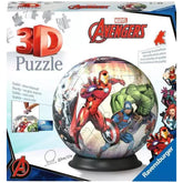 Ravensburger 3D Puzzle Ball features Marvel Avengers characters in colorful interlocking pieces within glossy cardboard packa