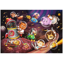 Ravensburger puzzle featuring cartoon animals in colorful space suits floating in a vibrant cosmic scene with stars and plane