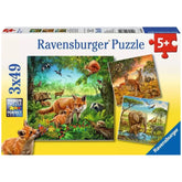 Ravensburger Animals Of The Earth puzzle featuring a fox, bird, deer, and zebra against a yellow background, suitable for age