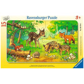 Ravensburger Baby Forest Animals puzzle box showcases a vibrant forest scene with cartoon-style animals and colorful surround
