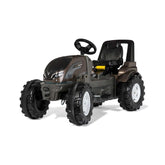 ROLLEY TOYS rollyFarmtrac Premium II Valtra riding toy features a matte black body with silver accents, textured wheels, and