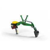 Rollybackhoe John Deere functional excavator accessory in green and yellow plastic with a glossy finish and shovel attachment