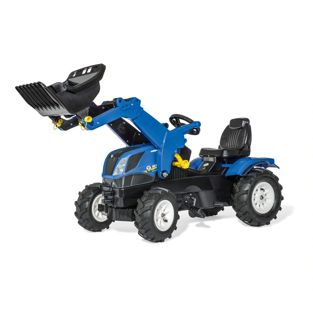 Rolly Toys Rollyfarmtrac features a blue plastic body, black rubber tires, a yellow handle, and a fabric-covered seat.