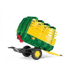 Rollyhay Wagon green trailer features a green body, yellow accents, black wheels with yellow centers, and a black handle.