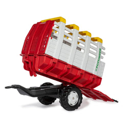 Rollyhay Wagon Pottinger Trailer features a red plastic body, white bins, black wheels, and yellow hinges in a front view lay