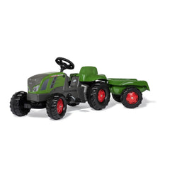 Rolly Toys Rollykid Fendt 516 Vario Tractor features a green cab and trailer, with red-accented wheels on a white background.