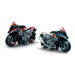 RS Tots motorcycle play vehicles in black with red and white accents, showcasing detailed features against a white background
