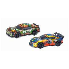 RS Tots Thunder Cars feature two vibrant toy racing cars with glossy finishes and detailed designs, including sponsor logos.