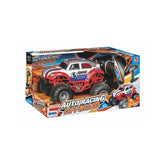 RS Toys Auto Racing Monster Truck packaging showcases a red toy car with large black wheels and vibrant white and blue accent