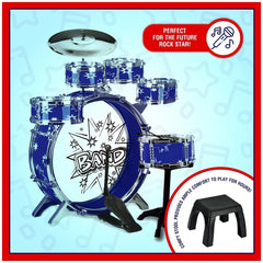Junior Rock Band Ritmo Rock Drums toy set features a blue drum set with a cymbal, drumstick, and comfy black stool.