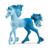 Schleich Bayala Elementa Water Flames Unicorn Foal in glossy blue plastic with a single horn and detailed features.
