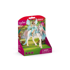 Schleich Bayala Fairy Eyela with Princess Unicorn packaging features a white unicorn with a blue mane and age warning.