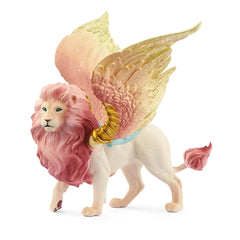 Schleich Bayala Fairy in flight on a winged lion, featuring matte and glossy pink textures with bright blue eyes.