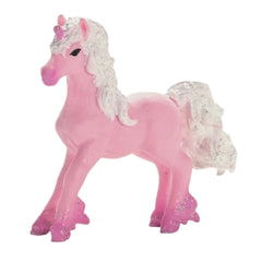 Bayala Flower Unicorn Foal toy in pink with glossy white mane and tail, featuring a matte finish and four legs.