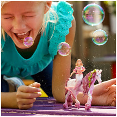 Schleich Bayala Mermaid Feya riding an underwater unicorn with a girl and bubbles in a vibrant lifestyle scene.