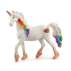 Schleich Rainbow Love Unicorn Mare figure features a multicolored mane and tail with glitter, made of smooth plastic.