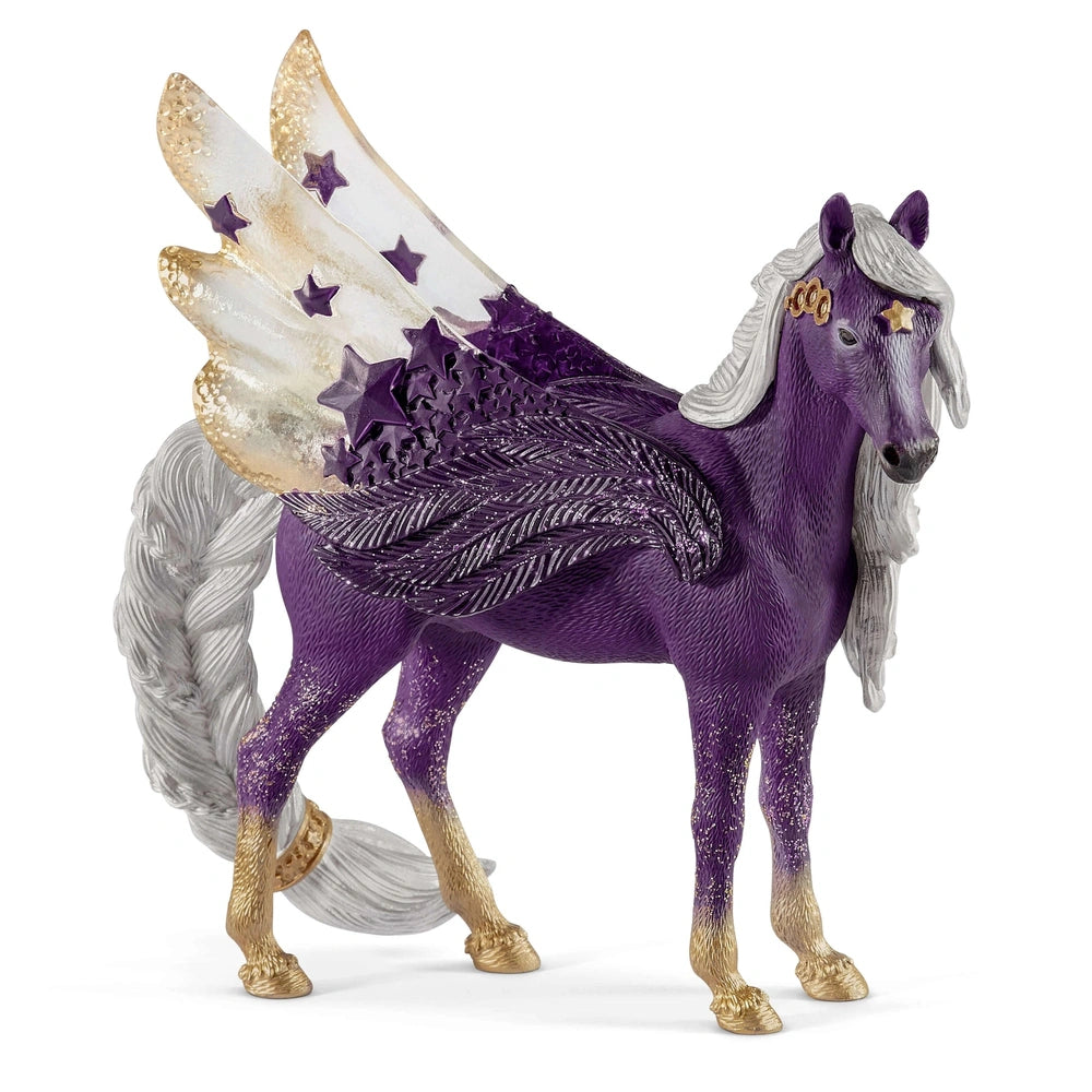 Schleich Star Pegasus Mare toy figure features a glossy purple body, metallic gold mane, and white wings with purple stars.