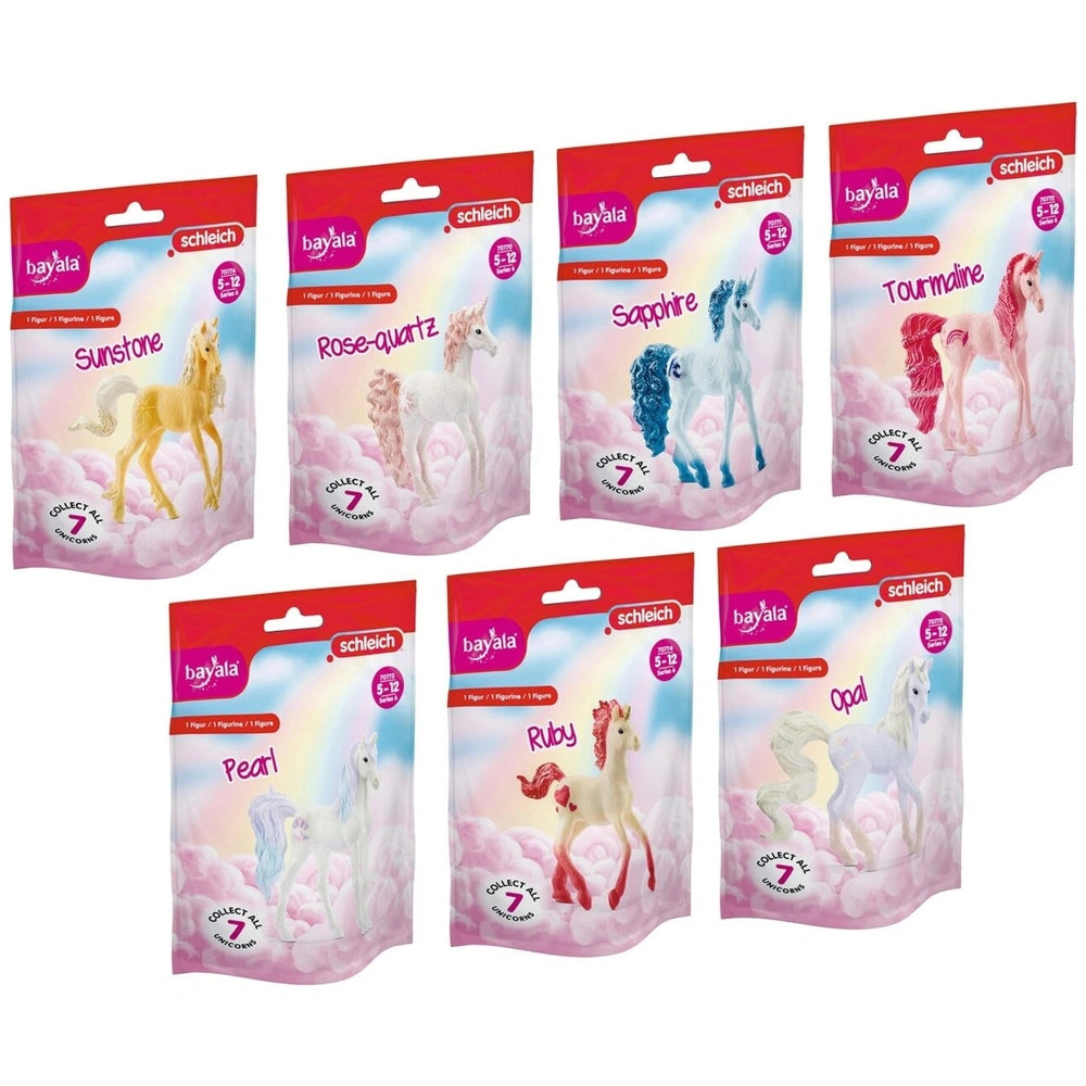 Schleich Unicorn Crystals retail packaging features seven toy figures in a glossy white box with pink and blue labels.