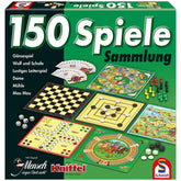 Schmidt Spiele's "150 Spiele Sammlung" board game box features a green and black design with game pieces and a checkerboard b
