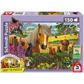 Schmidt Spiele children's puzzle featuring a horse and cats in a vibrant pastoral scene, labeled "Easy to Puzzle" with 150 pi
