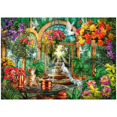 Schmidt Spiele's Atrium puzzle features a vibrant, whimsical garden scene with an ornate archway and lush tropical elements.