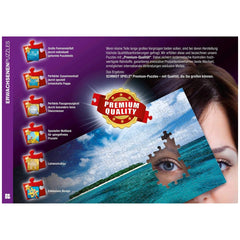 Schmidt Spiele Atrium puzzle features a woman's face adorned with a puzzle piece pattern against a purple-blue gradient backg
