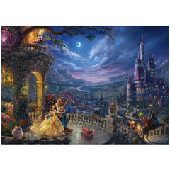 Schmidt Spiele's Beauty and the Beast puzzle features a couple dancing on a balcony under a full moon with a grand castle bac