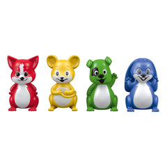 Colorful cartoon animal figurines in red, yellow, green, and blue, standing upright against a plain white background.