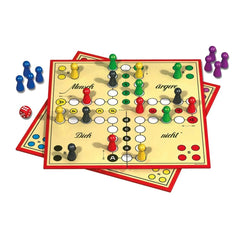 Schmidt Spiele's Don't Get Angry board game features a yellow grid board with colorful pieces and dice on a tabletop.