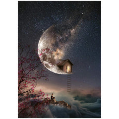 Schmidt Spiele's Dream Whispers puzzle features a serene nighttime scene with a glowing moon, a wooden cabin, and calm water.