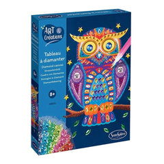 Sentosphere Arts & Creations Diamond Painting Owl box features a vibrant, stylized owl surrounded by stars and leaves.