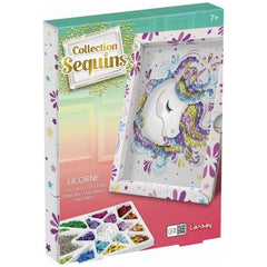 Craft kit box designed as a colorful unicorn, featuring sequins and glitter, with vibrant pastel colors and decorative elemen
