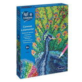 Diamond Canvas Peacock art kit features a vibrant peacock design on a glossy blue box with a clear plastic window.