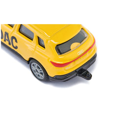 Siku ADAC Audi Q4 e-tron toy car in yellow with black accents, featuring a smooth body, matte wheels, and a red stripe.