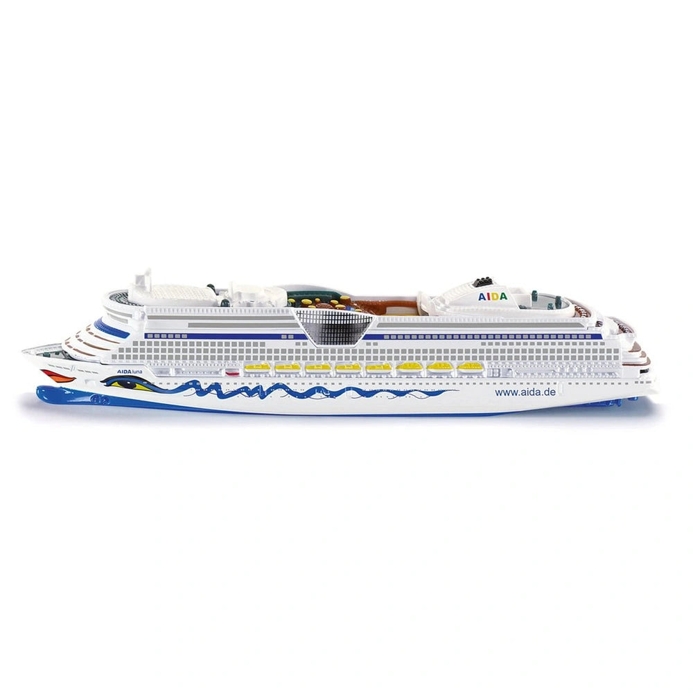 AIDA Cruiseliner model in white with blue and yellow accents, showcasing detailed hull and superstructure against a white bac