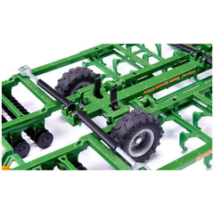 A green agricultural play vehicle featuring a metal frame and a black tire, designed for imaginative play.