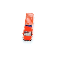 Bright orange toy ambulance with a roof rack and smooth surface, displayed against a light background.