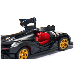 Siku Apollo IE toy car features a glossy black body, red interior, and yellow wheels, showcasing a sleek design.