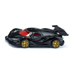 Black toy car with a glossy finish, red interior, yellow wheels, and a streamlined design against a white background.
