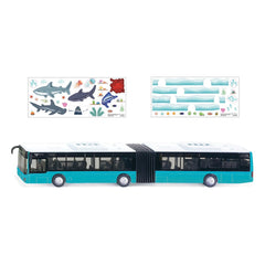 Articulated bus toy model in blue with white and black accents, featuring two levels and a glossy finish against a plain back