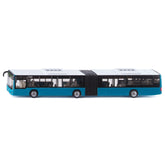 Siku articulated bus in blue and white plastic, featuring two levels, multiple windows, and detailed components.