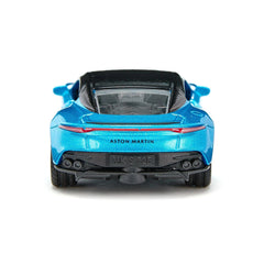 Aston Martin DBS Superleggera model in blue with black and red accents, featuring clear windows and detailed markings.