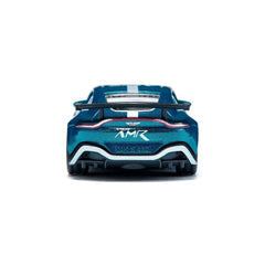 Aston Martin Vantage GT4 model car in blue, white, and black with glossy finish, featuring "AMR" and "MK480" text.