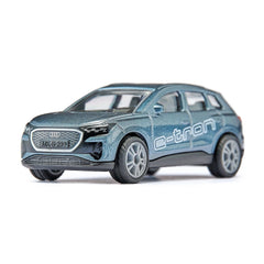 Siku Audi Q4 e-tron toy car model in glossy blue with silver wheels, showcasing detailed components and "e-tron" branding.