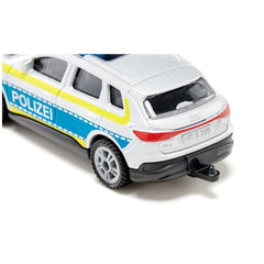 Siku Audi Q4 police emergency vehicle in white with blue and yellow accents, featuring glossy finish and "POLIZEI" text.