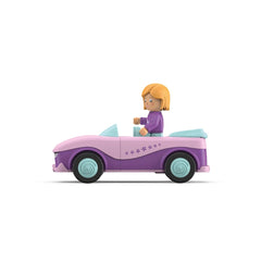 Purple toy car with a pink roof and blue wheels, featuring a blonde female figure in a purple top with a white collar.