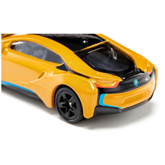 Siku BMW I8 toy car features a glossy yellow body with black accents and a blue stripe along the side.