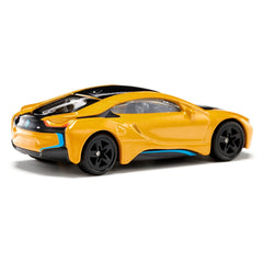 Yellow BMW I8 sports car with a glossy finish, sleek design, and black accents, showcased against a plain white background.