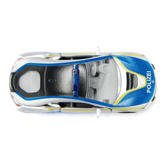 Siku BMW i8 Police toy car features a glossy white body with blue and yellow accents and a "POLIZEI" logo on the side.