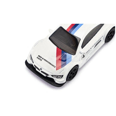 BMW M4 Racing 2016 model car in white with red and blue stripes, featuring a glossy body and matte roof against a light backg
